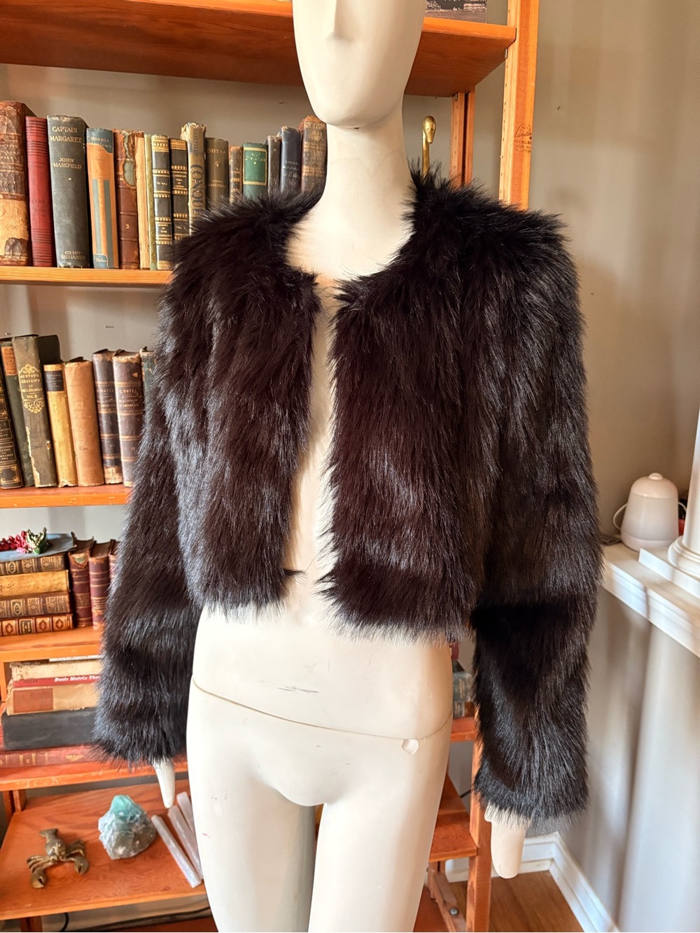 Nite Out by Say What? Cropped Faux Fur Jacket in Black and Brown Tint